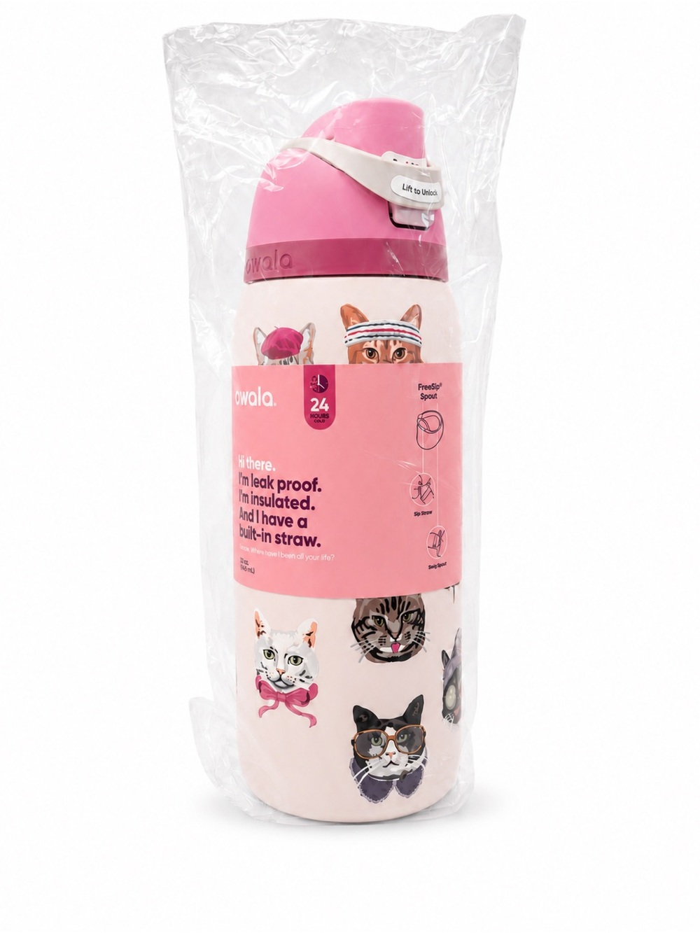 Owala UO Exclusive Cat Collage FreeSip 32 oz Water Bottle New Pink Cats